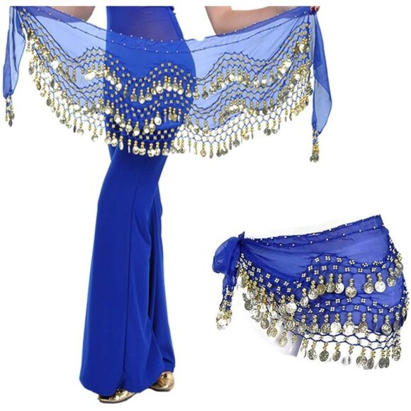 Women's Belly Dance Hip Scarf with 128 Gold Coins Blue Skirt for Zumba or Yoga - Picture 2 of 6